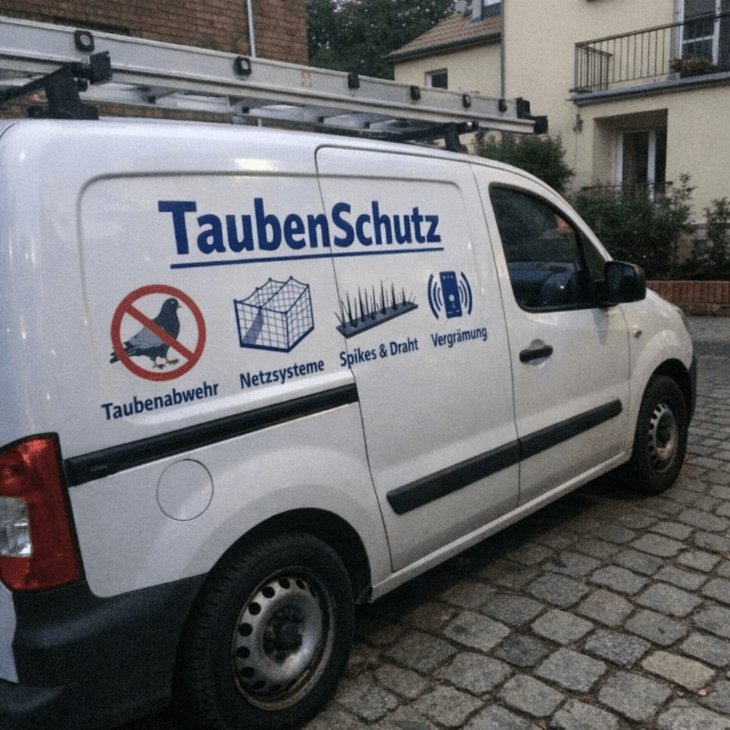 Einsatzfahrzeug bereit für die Taubenbekämpfung vor einem deutschen Wohnhaus