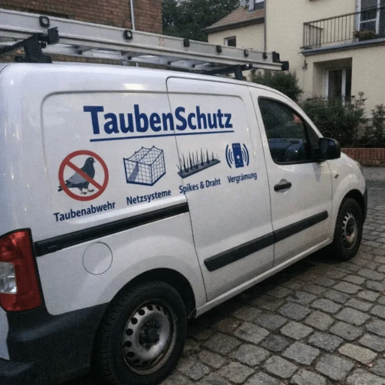 Einsatzfahrzeug bereit für die Taubenbekämpfung vor einem deutschen Wohnhaus