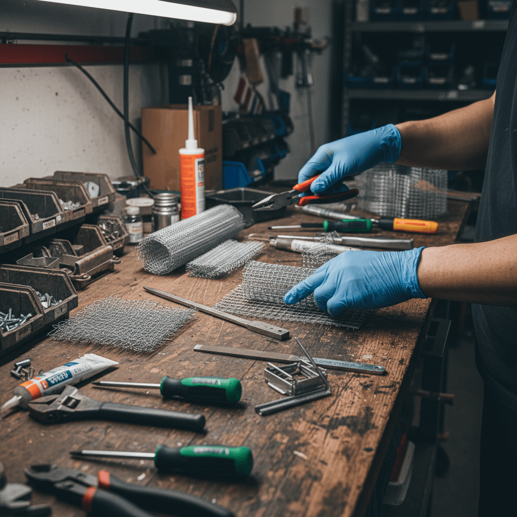 Techniker bereitet Werkzeuge für die Vogelabwehr vor, Nahaufnahme